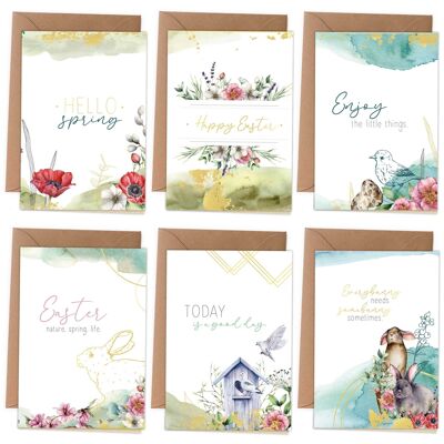 Biglietti pieghevoli drago di carta per Pasqua - Biglietti pasquali | 6 biglietti di auguri primaverili con busta e adesivi per Pasqua - Auguri alla famiglia - Design elegante - Motivo ad acquerello con foglia d'oro - Set di 4