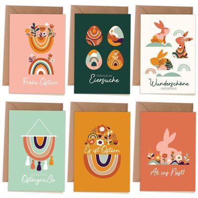 Paper dragon folding cards for Easter - Easter cards | 6 spring greeting cards including envelope and stickers for Easter - Greetings to the family - Stylish design - Boho motif with UV varnish - Set of 5