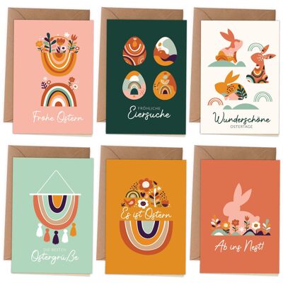Papierdrachen Klappkarten zu Ostern - Osterkarten | 6 frühlingshafte Grußkarten inklusive Umschlag und Stickern zur Osterzeit - Grüße an die Familie - Stilvolles Design - Motiv Boho mit UV-Lack - Set 5