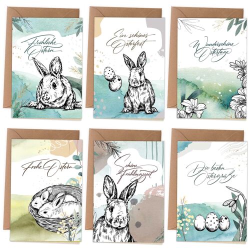 Papierdrachen Klappkarten zu Ostern - Osterkarten | 6 frühlingshafte Grußkarten inklusive Umschlag und Stickern zur Osterzeit - Grüße an die Familie - Stilvolles Design - Motiv Abstrakt - Set 6