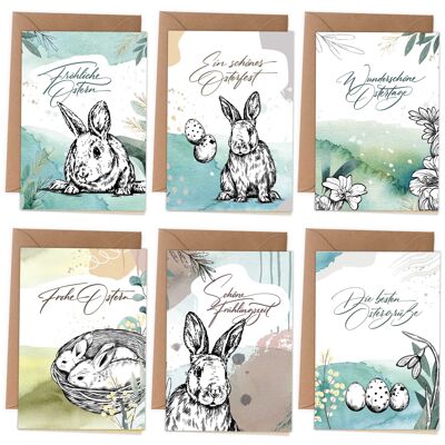 Paper dragon folding cards for Easter - Easter cards | 6 spring greeting cards including envelope and stickers for Easter - Greetings to the family - Stylish design - Abstract motif - Set of 6