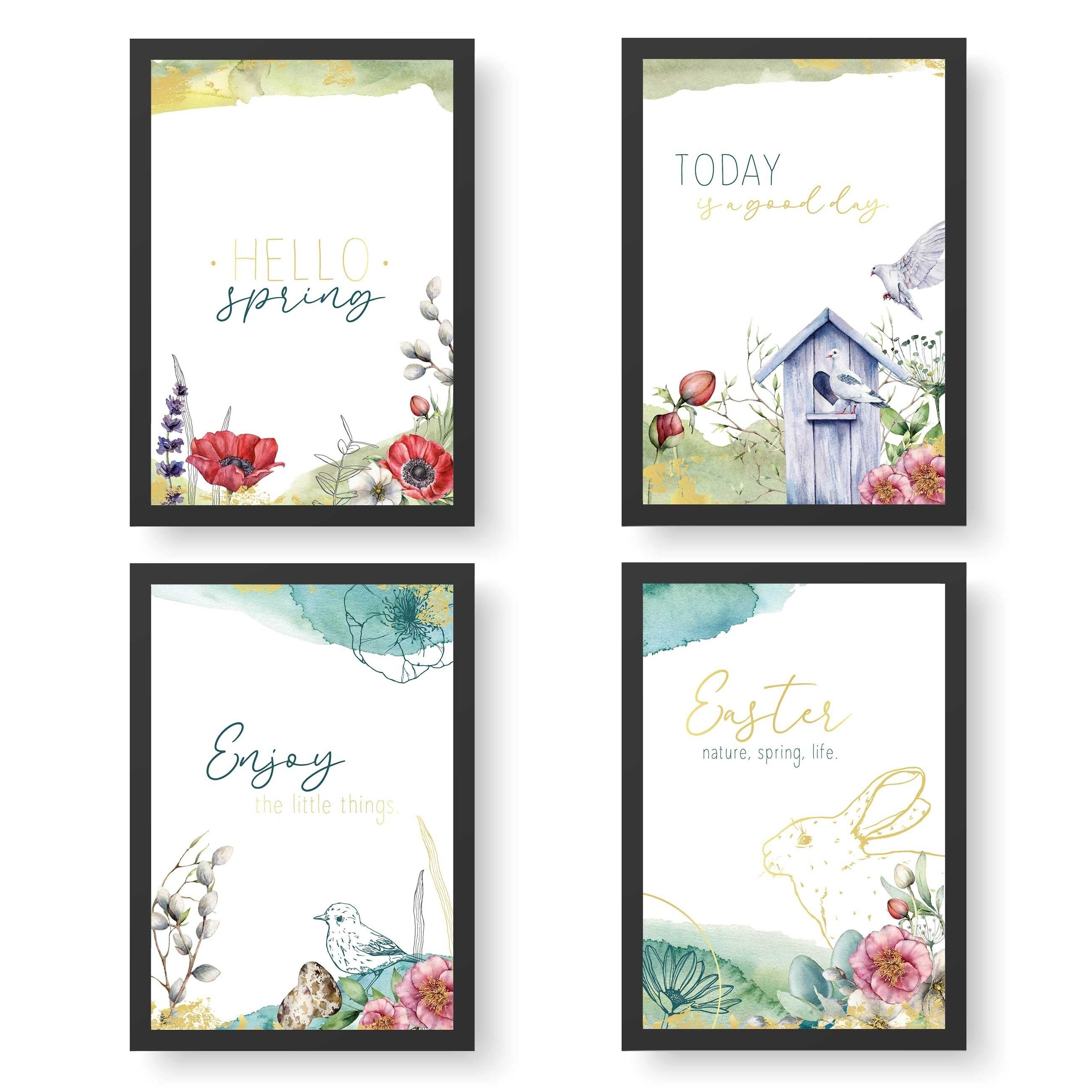 4 poster premium per Pasqua | DIN A4 | Arte da parete per soggiorno e cucina - Acquerello con lamina d&#039;oro - Stampe d&#039;arte di alta qualità | Decorazione | Set murale