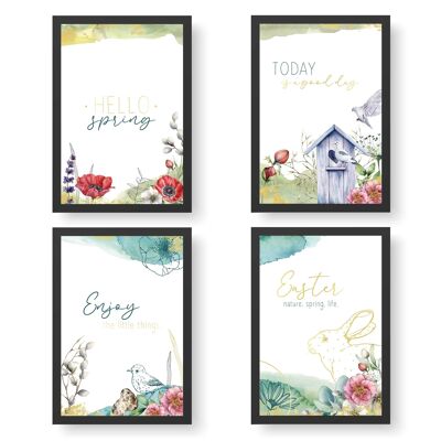 4 affiches premium pour Pâques | A4 | Art mural pour salon et cuisine - Aquarelle avec feuille d'or - Impressions d'art de haute qualité | Décoration | Ensemble mural