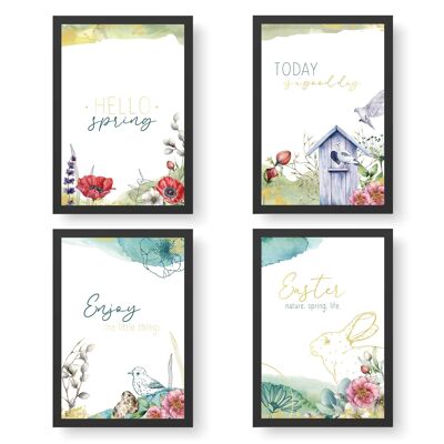 4 Premium Poster zu Ostern | DIN A4 | Wandbilder für Wohnzimmer und Küche - Wasserfarben mit Goldfolierung - hochwertige Kunstdrucke | Dekoration | Wandbild Set