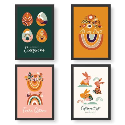 4 affiches premium pour Pâques | A4 | Tableaux muraux pour le salon et la cuisine - boho - impressions d'art de haute qualité | Décoration | Ensemble mural
