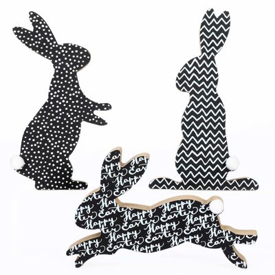 Adorno de Pascua de madera - Conejo de pie de madera con cola esponjosa - 15x8 cm - 2cm de grosor - Adorno para Pascua - Negro con pompón - Reutilizable
