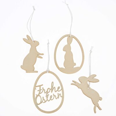 12 Easter hangers made of wood - reusable Easter decoration 7x7 cm - 1.8 cm thick - 4 different designs each 3x - rabbits - set 2
