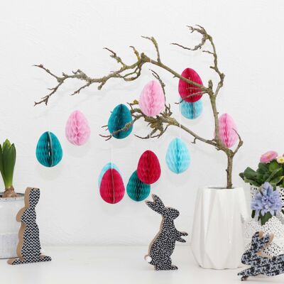 12 Easter eggs made of tissue paper to hang up and decorate - size 7 cm including ribbon - ideal Easter decoration for bushes and branches - reusable - colorful - set 2