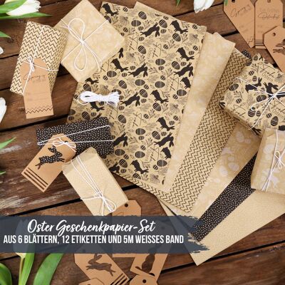 Verpackungs Set 2 im Oster Design mit 6 Bögen Geschenkpapier in der Größe 40x60 cm und 12 Geschenk-Anhängern sowie 5m weißes Baumwollband | Namensetikett Boho | zum Dekorieren von Ostergeschenken Set 2