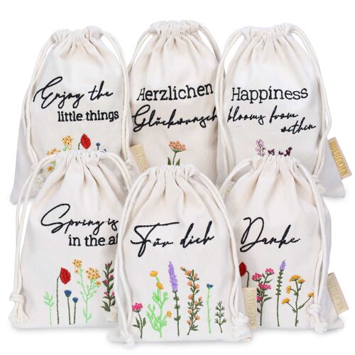 6 Leinensäckchen mit Bestickung - Osterverpackung Geschenkverpackung Tischdeko - Stoffsäckchen zu Ostern - Blümchen - 13x18 cm - Set 1