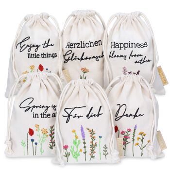 6 sacs en lin avec broderie - emballage de Pâques emballage cadeau décoration de table - sacs en tissu pour Pâques - fleurs - 13x18 cm - Set 1 1