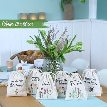 6 sacs en lin avec broderie - emballage de Pâques emballage cadeau décoration de table - sacs en tissu pour Pâques - fleurs - 13x18 cm - Set 1 2