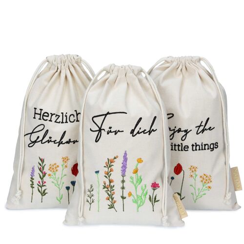 3 Leinensäckchen mit Bestickung - Osterverpackung Geschenkverpackung Tischdeko - Stoffsäckchen zu Ostern - Blümchen - 20x30 cm - Set 4