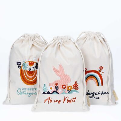 3 bolsas de lino con bordado - Embalaje de regalo de Pascua Decoración de mesa - Bolsas de tela para Pascua - Boho - 20x30 cm - Set 5