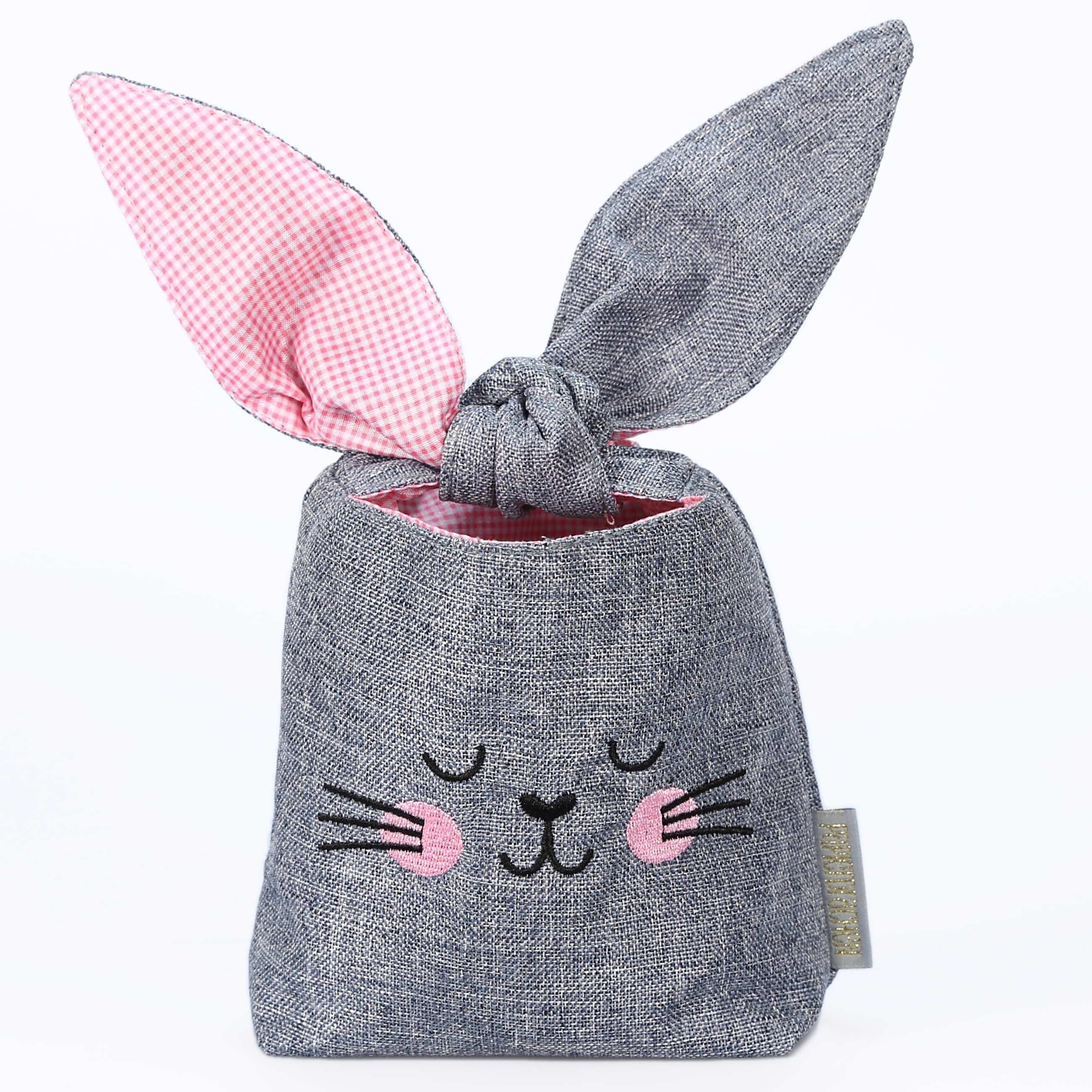 Cesto pasquale di carta orecchie in tessuto - cestino pasquale coniglietto rosa - borsa con orecchie da coniglio - in cotone robusto con viso ricamato - regalo per Pasqua - per collezionare uova pasquali - set 2