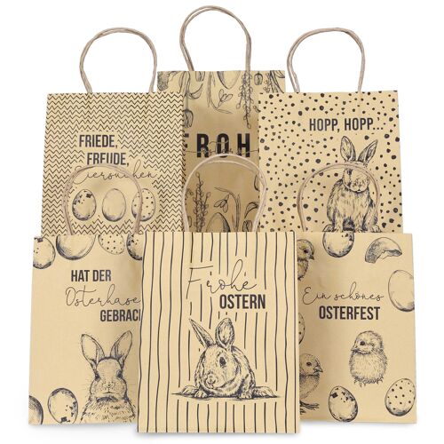 6 bedruckte Henkeltüten zu Ostern - Packpapier Schwarz - 22,5x18x8cm - 6 zusätzliche Osterpostkarten - Geschenkverpackung - Geschenktüten zum Befüllen - Alternatives Osternest - Set 1