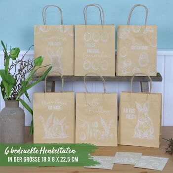 6 sacs à poignées imprimés pour Pâques - papier d'emballage blanc - 22,5x18x8cm - 6 cartes postales de Pâques supplémentaires - emballage cadeau - sacs cadeaux à remplir - nid de Pâques alternatif - set 5 3