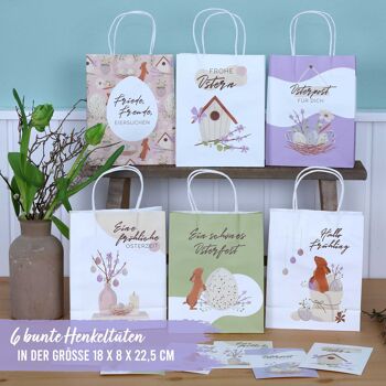 6 sacs à poignées imprimés pour Pâques - printemps - 22,5x18x8cm - 6 cartes postales de Pâques supplémentaires - emballage cadeau - sacs cadeaux à remplir - nid de Pâques alternatif - set 4 3