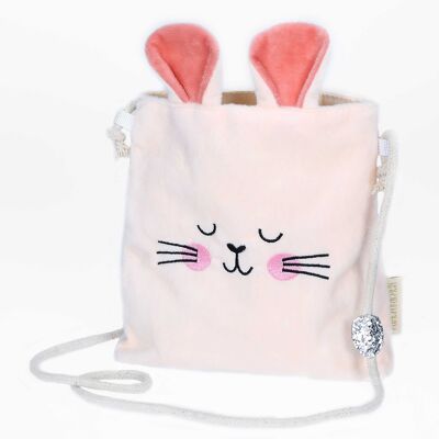 Bolso de mano conejo rosa con bandolera - terciopelo con cara y orejas de conejo - detalle purpurina - regalo Pascua - bandolera niña