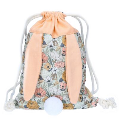 Mochila conejito flores y melocotón - bolsa de gimnasio de algodón / lona con largas orejas de conejo - regalo de Pascua - bolso de hombro para niñas y niños