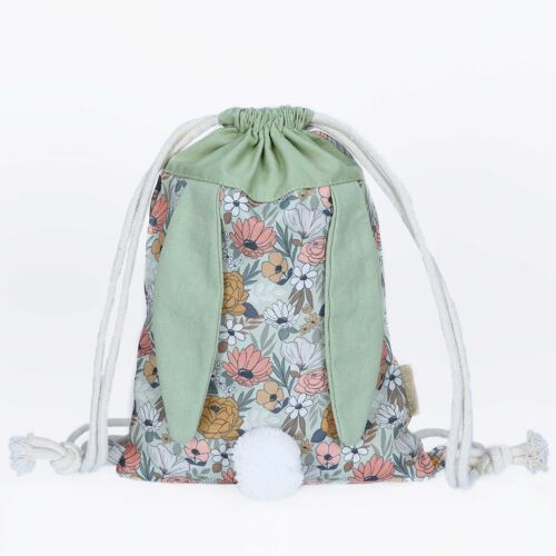 Hasen Rucksack Blumen & Grün - Turnbeutel aus Baumwolle / Canvas mit langen  Hasenohren - Geschenk zu Ostern - Umhängetasche für Mädchen und Jungen
