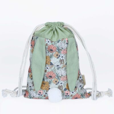 Mochila conejito flores y verde - bolsa de gimnasio de algodón / lona con largas orejas de conejo - regalo de Pascua - bolso de hombro para niñas y niños