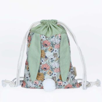 Sac à dos lapin fleurs & vert - sac de sport en coton/toile avec longues oreilles de lapin - cadeau de Pâques - sac à bandoulière pour filles et garçons 1