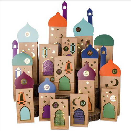 30 Ramadan-Geschenktüten mit Aufklebern und vorgestanzten Teilen - Bastelset - Eid Mubarak - Islamische muslimische Dekoration - hochwertige Papiertüten mit goldenen Stickern -  Deko und Kalender für Kinder
