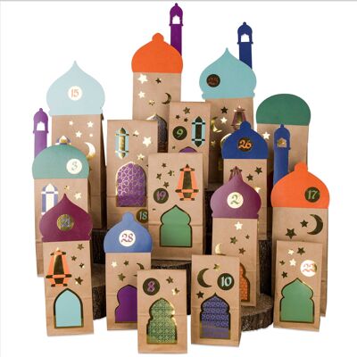 30 bolsas de regalo de Ramadán con pegatinas y piezas precortadas - Kit de manualidades - Eid Mubarak - Decoración musulmana islámica - Bolsas de papel de calidad con pegatinas doradas - Decoración y calendario para niños