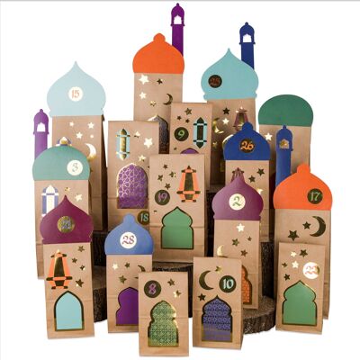 30 Sacs Cadeaux Ramadan avec Autocollants et Pièces Prédécoupées - Kit d'Artisanat - Eid Mubarak - Décoration Islamique Musulmane - Sacs en Papier de Qualité avec Autocollants Doré - Décoration et Calendrier pour Enfants