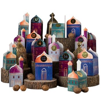 Dragon en papier DIY Calendrier du Ramadan à fabriquer et à remplir - set de maison - 30 boîtes pliantes colorées pour la mise en place et la décoration - 24 boîtes - Village du Ramadan - Eid Mubarak - réutilisable - set 1