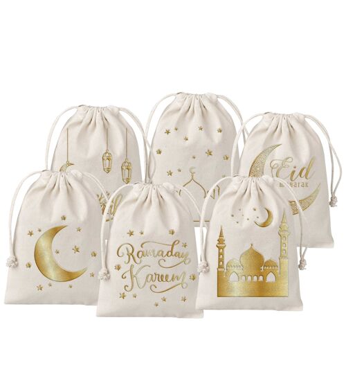 6 Geschenksäckchen zu Ramadan - aus Baumwolle - wunderschön und hochwertig gold bedruckt - ideal zum Verpacken von Geschenken - Größe 13x8 cm  mit Zugband Set 1