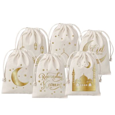 6 gift bags for Ramadan - made of cotton - beautifully printed with high quality gold - ideal for wrapping gifts - size 13x8 cm with drawstring Set 1