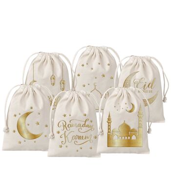 6 sacs cadeaux pour le Ramadan - en coton - magnifiquement imprimés avec de l'or de haute qualité - idéal pour emballer des cadeaux - taille 13x8 cm avec cordon Set 1