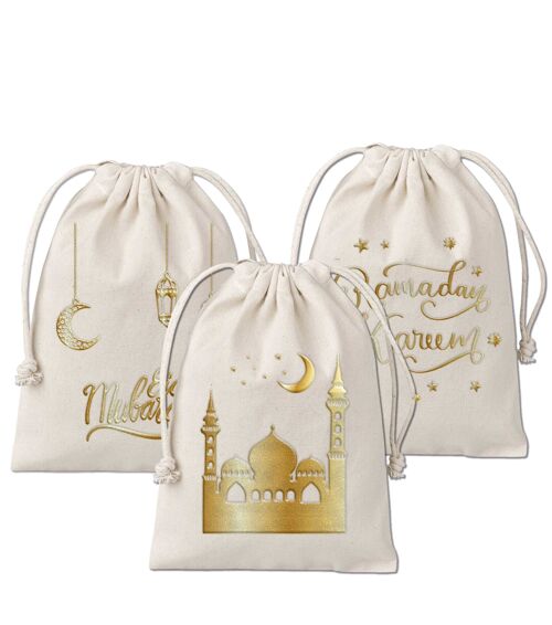 3 Geschenksäckchen zu Ramadan - aus Baumwolle - wunderschön und hochwertig gold bedruckt - ideal zum Verpacken von Geschenken - Größe 20x30 cm mit Zugband Set 2