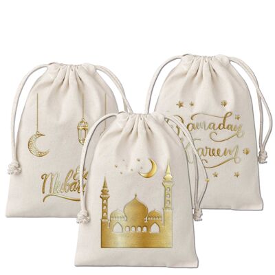 3 sacs cadeaux pour le Ramadan - en coton - magnifiquement imprimés avec de l'or de haute qualité - idéal pour emballer des cadeaux - taille 20x30 cm avec cordon Set 2