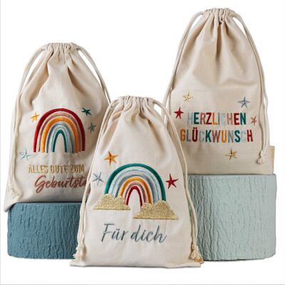 3 bolsas de regalo de cumpleaños - arcoiris - hechas de algodón - bellamente bordadas de alta calidad - ideales para envolver regalos - tamaño 20x30 cm con cordón