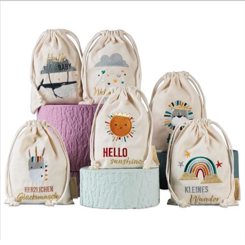 6 Geschenksäckchen zum Geburtstag - zur Geburt - aus Baumwolle - wunderschön und hochwertig bestickt - ideal zum Verpacken von Geschenken - Größe 13x8 cm  mit Zugband