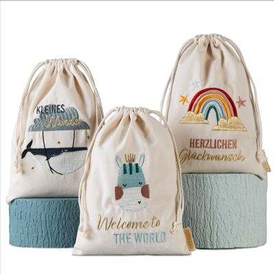 3 bolsas de regalo para un cumpleaños - para nacimiento - fabricadas en algodón - bellamente bordadas con gran calidad - ideales para envolver regalos - tamaño 20x30 cm con cordón