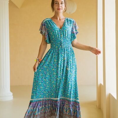 Long dress with bohemian print button front