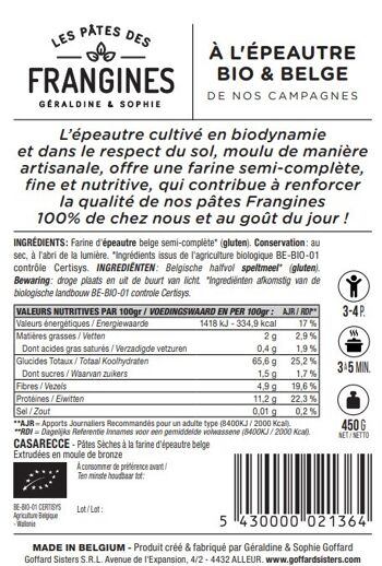 [100% Belge] Pâtes FRANGINES Epeautre (wallonie) -  Casarecce en moule de bronze  -  450gr 7