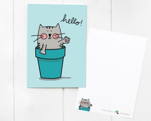 Plantpot Cat Hello Postcard / notecard / mini print - send a smile to a friend! With matching cute Plantpot Cat Sticker add-on - Card & Envelope (£1.90)