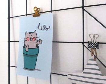 Plantpot Cat Hello Postcard / notecard / mini print - envoyez un sourire à un ami ! Avec l'ajout d'autocollant de chat en pot mignon assorti - Carte et enveloppe (1,90 £) 7