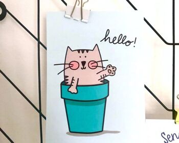 Plantpot Cat Hello Postcard / notecard / mini print - envoyez un sourire à un ami ! Avec le joli complément d'autocollant de chat Plantpot assorti - Carte et autocollant (2,10 £) 4