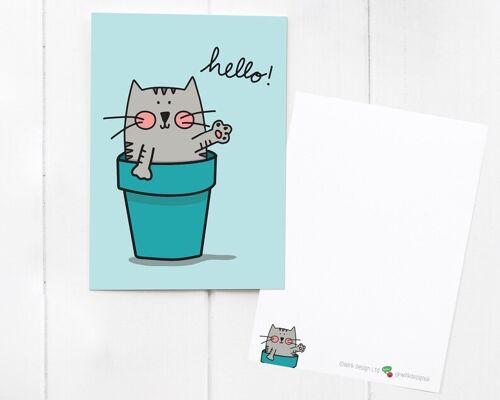 Plantpot Cat Hello Postcard / notecard / mini print - send a smile to a friend! With matching cute Plantpot Cat Sticker add-on - Card, Env & Sticker (£2.50)