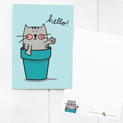 Plantpot Cat Hello Postal / notecard / mini print - ¡envía una sonrisa a un amigo! Con lindo complemento Plantpot Cat Sticker - Tarjeta, Env & Sticker (£2.50)