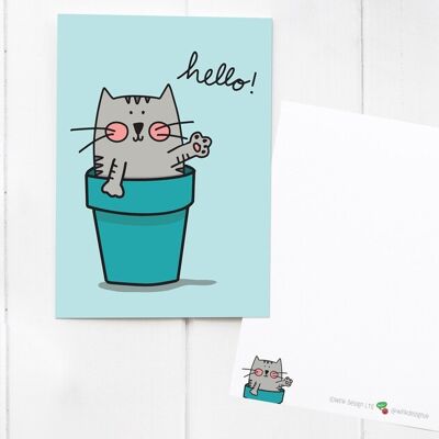 Plantpot Cat Hello Postal / notecard / mini print - ¡envía una sonrisa a un amigo! Con lindo complemento Plantpot Cat Sticker - Tarjeta, Env & Sticker (£2.50)