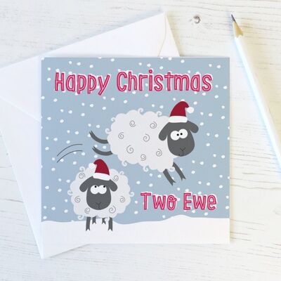 Cartolina di Natale divertente con pecora 'Happy Christmas Two Ewe'