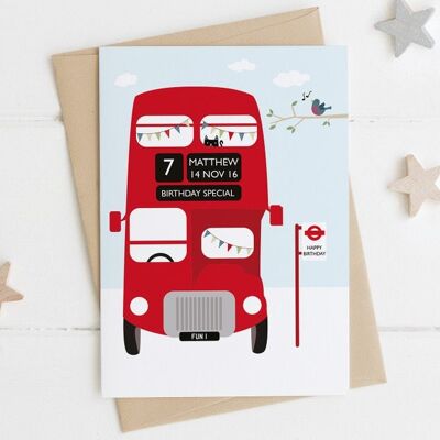 London Bus Personalised Birthday Card - Red Vintage Routemaster Bus card, customisable