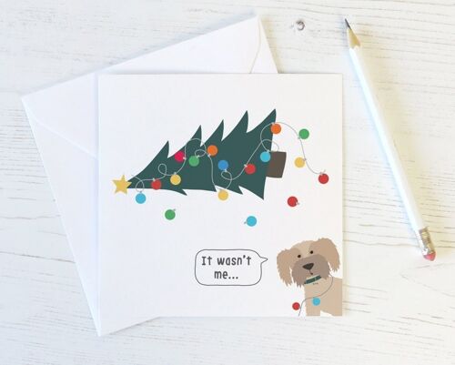 Funny Dog and Christmas Tree Card 'It wasn't me!'